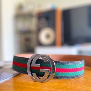 Authentic Gucci Interlocking Buckle Cloth Belt (red and green)